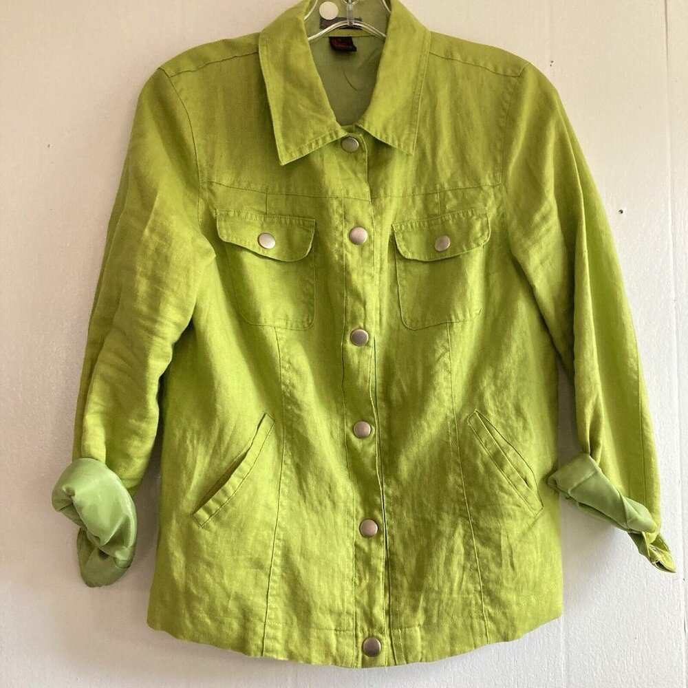 Sara Isabella Vintage Linen Jacket Trucker Cut Lined Green Artsy Sz Small